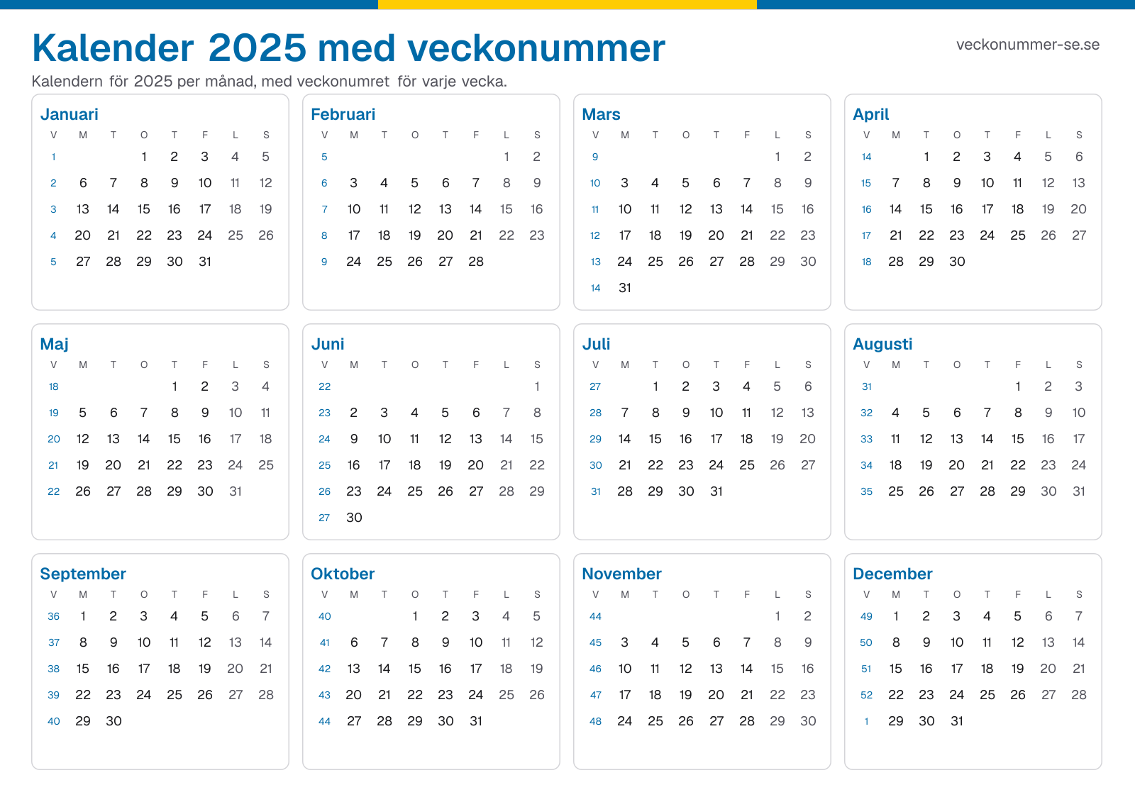 Kalender 2025 med veckonummer