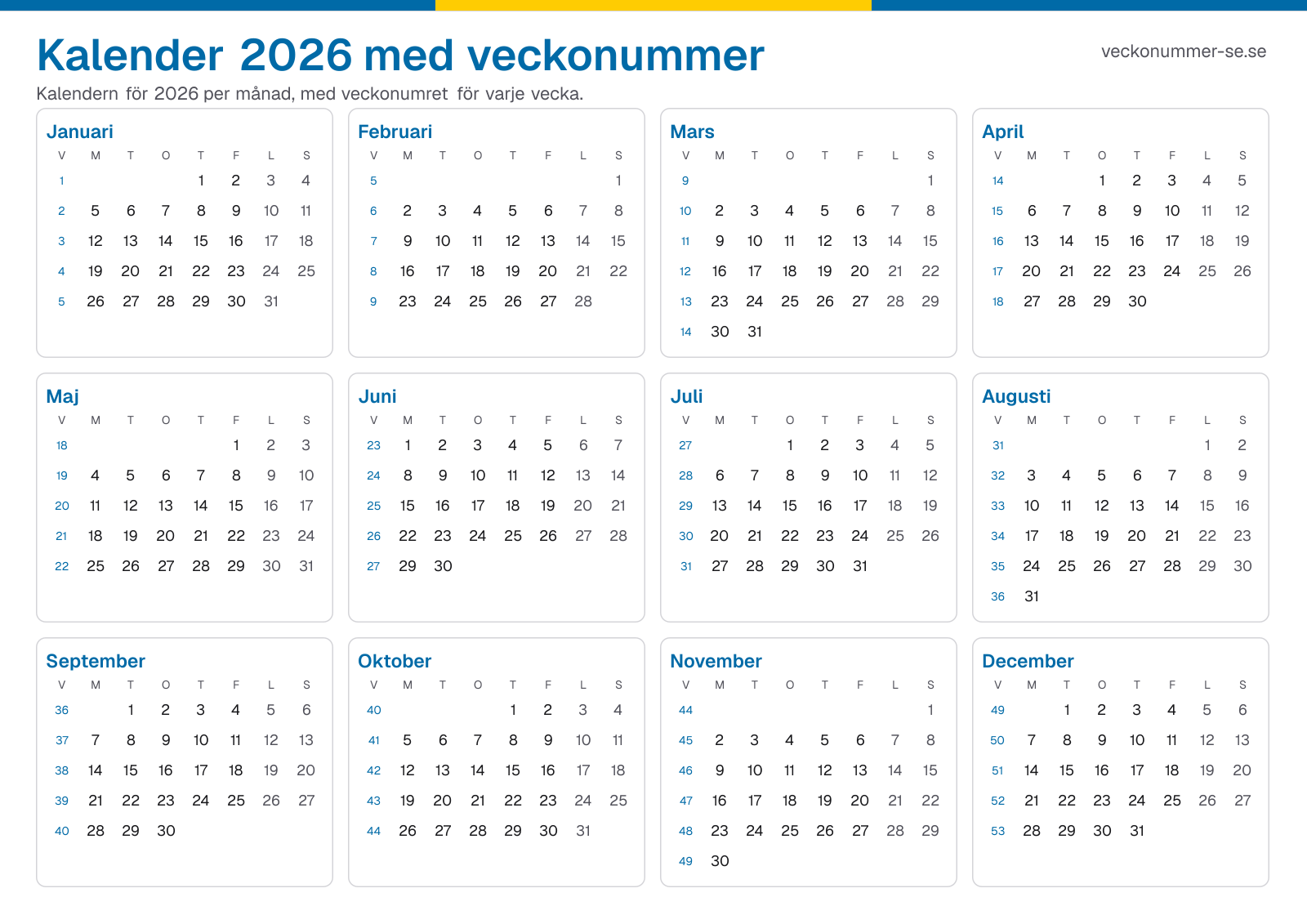 Kalender 2026 med veckonummer