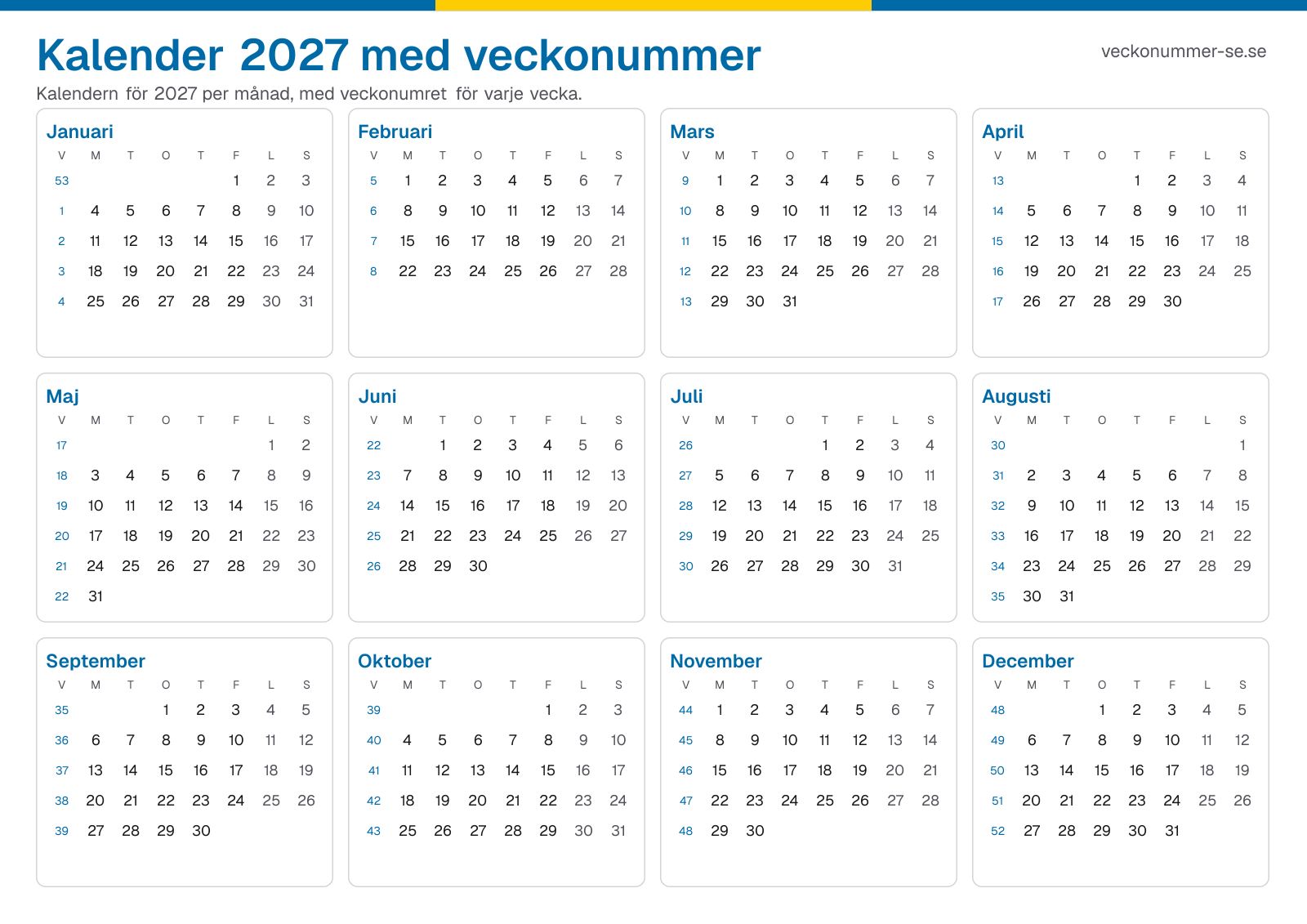 Kalender 2027 med veckonummer