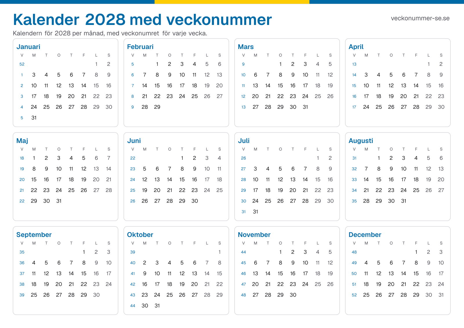 Kalender 2028 med veckonummer