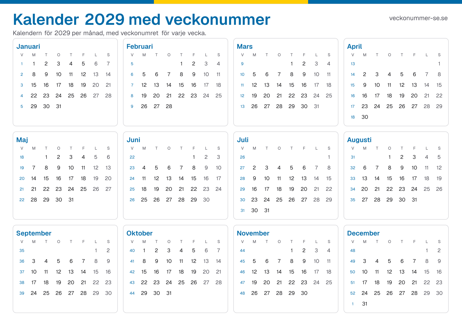 Kalender 2029 med veckonummer