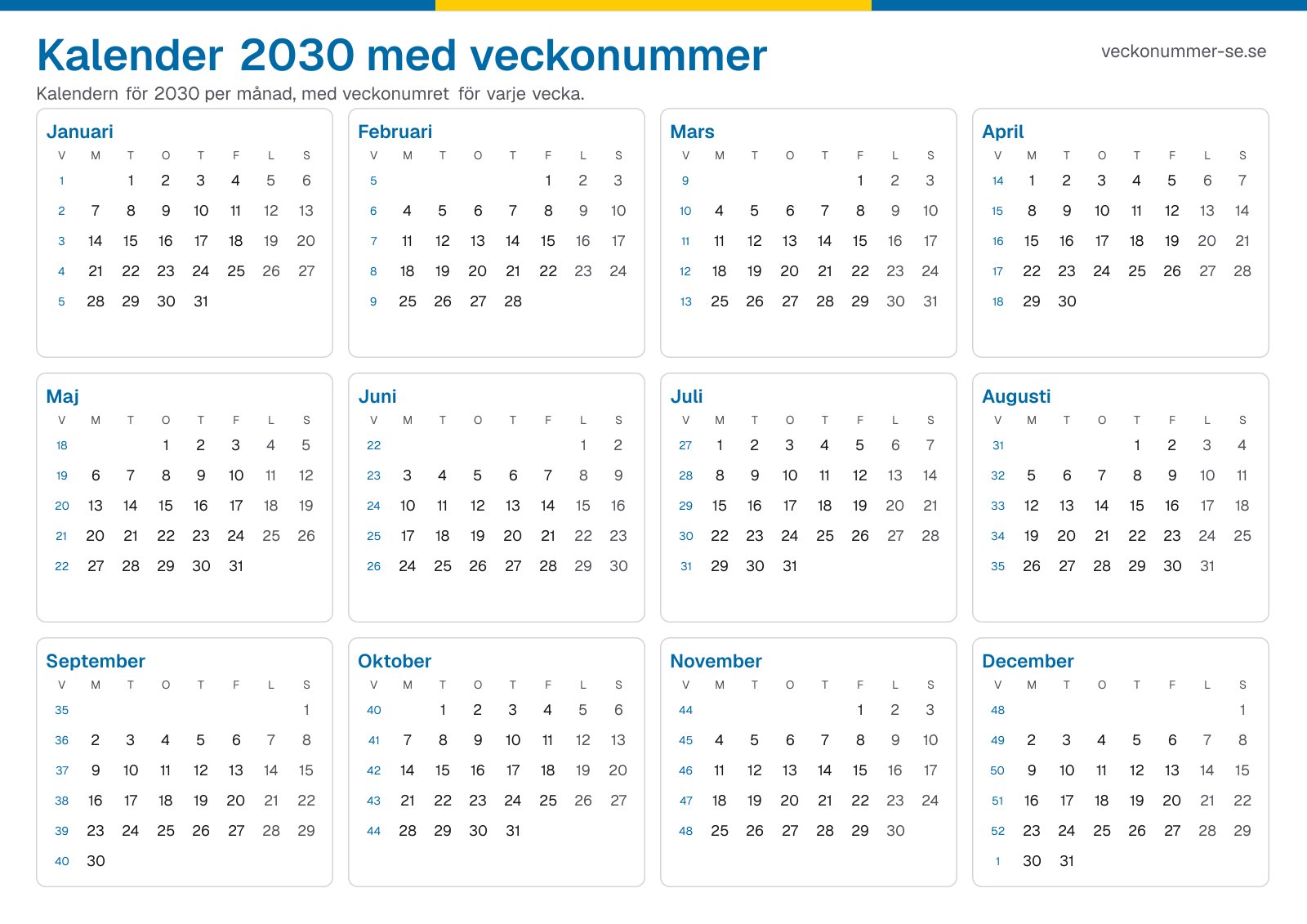 Kalender 2030 med veckonummer