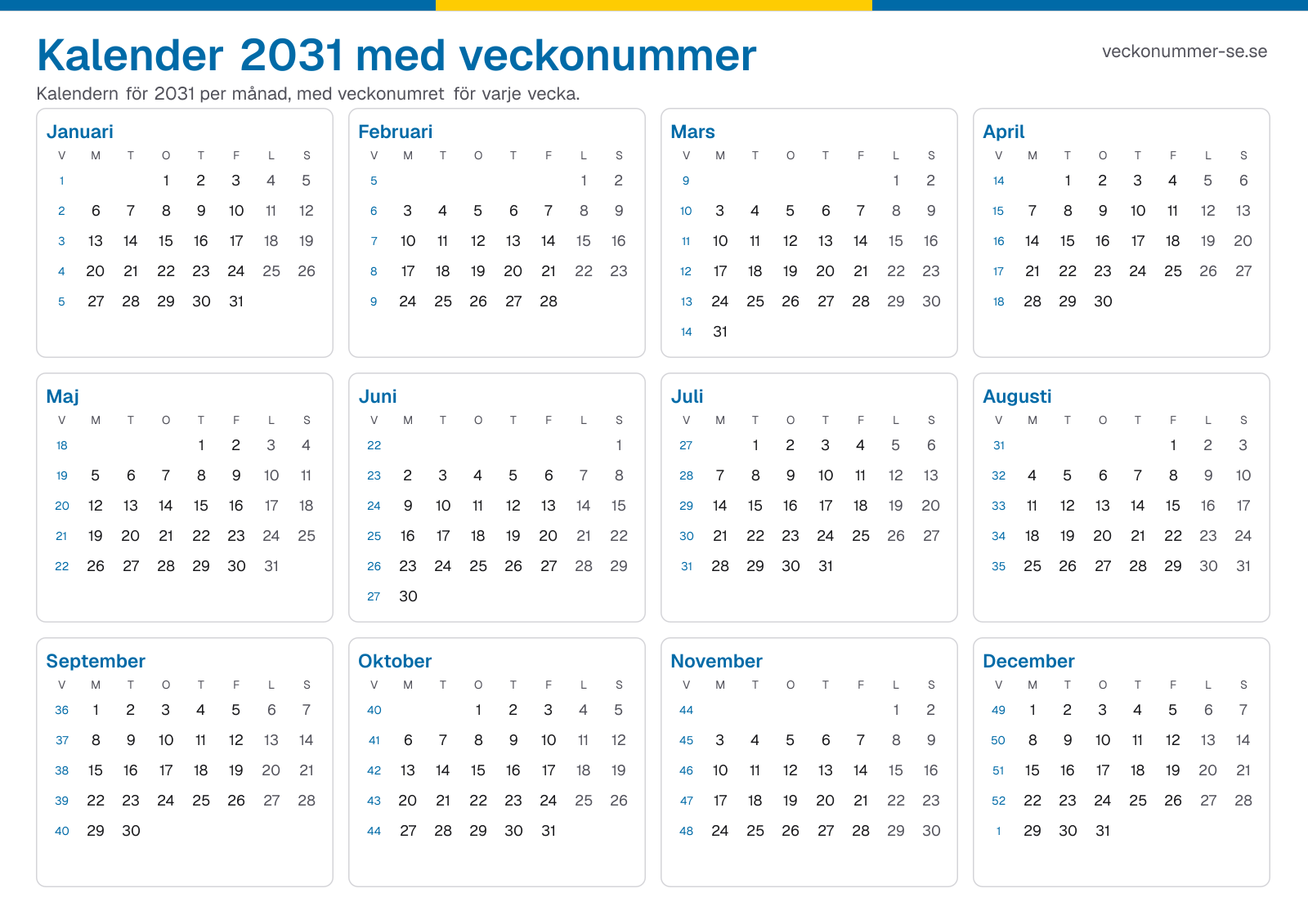 Kalender 2031 med veckonummer